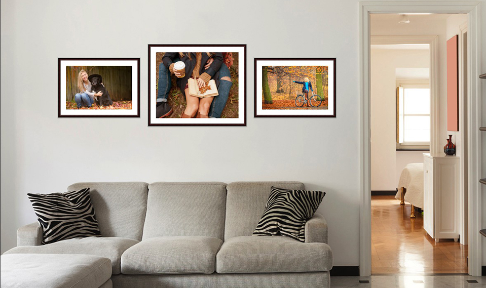 photo frames on living room wall